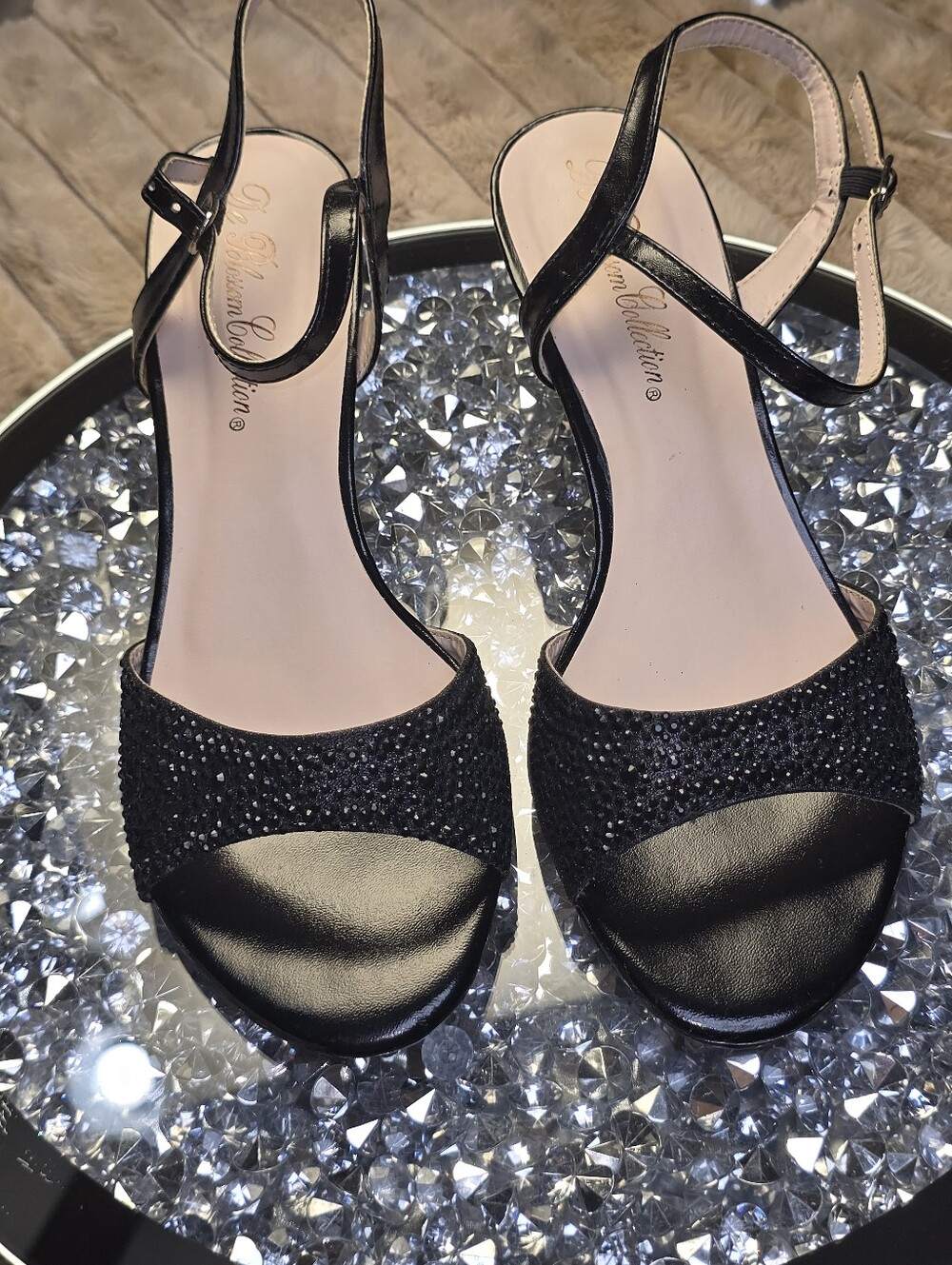 De Blossom Black Rhinestone Peep Toe Kitten Heel Slingback Sandals Sz